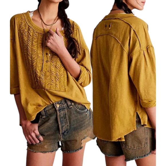 Free People Tops - Free People We The Free Redone Tee In Adriatic Sea Mustard Womens 3/4 Sleeve S
